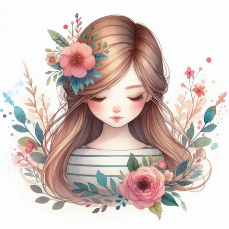 Beautiful girl with long hair and floral wreath. Watercolor illustration.の素材
