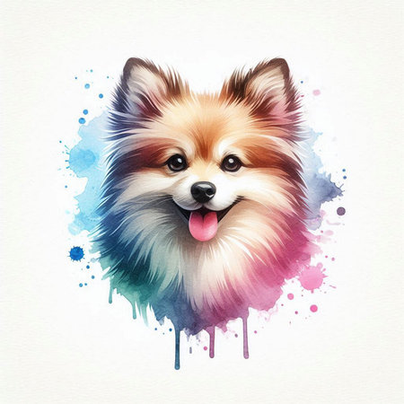 Cute Pomeranian dog with watercolor splashes on white backgroundの素材