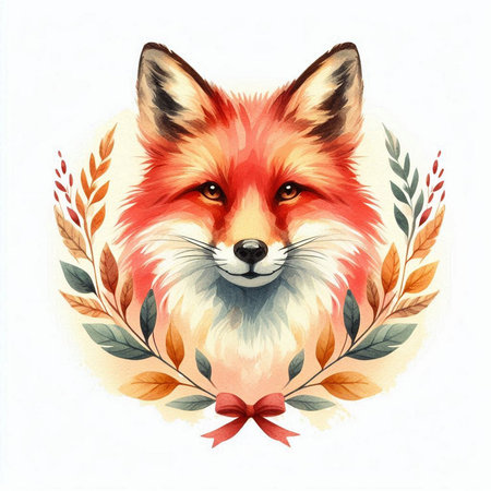 Watercolor portrait of a red fox with a wreath of leavesの素材