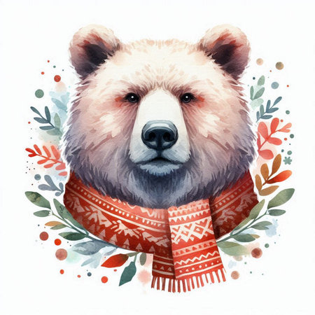 Watercolor portrait of a polar bear in a red scarf with floral elements.の素材