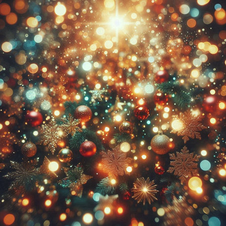 Christmas tree with decorations and bokeh background. Toned.の素材