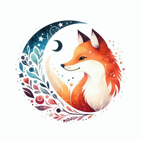 Cute fox and moon. Hand drawn watercolor illustration. Vector.の素材