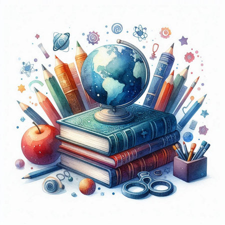 Back to school concept. Watercolor illustration of books, globe, pencils and appleの素材