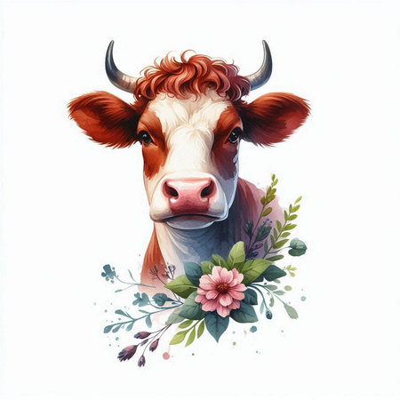 Watercolor portrait of a red-haired cow with flowers on a white backgroundの素材
