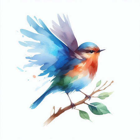 Watercolor bird on branch isolated on white background. Hand painted illustration.の素材