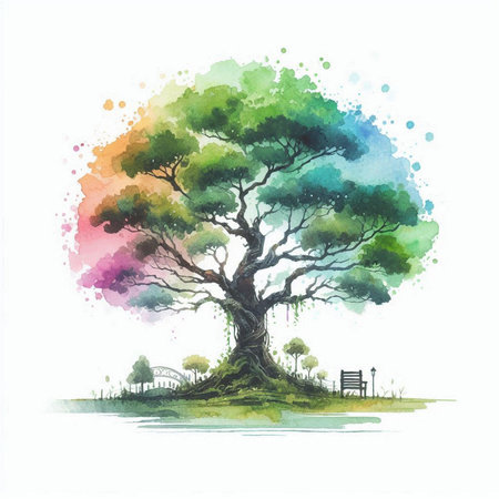 Watercolor illustration of a big tree in the park on a white backgroundの素材