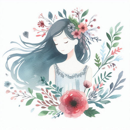 Watercolor illustration of a beautiful girl in a wreath of flowersの素材