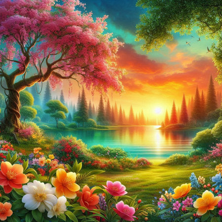 Beautiful spring landscape with blooming trees and lake on sunset.の素材