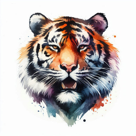 Watercolor tiger portrait isolated on white background. Hand drawn illustration.の素材