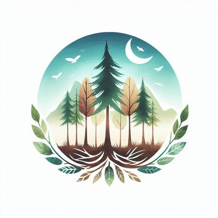 Illustration of a forest and a moon on a white background.の素材