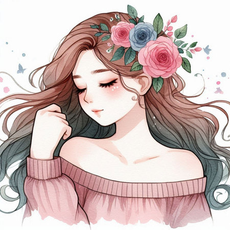 Beautiful girl with flowers in her hair. Watercolor illustration.の素材