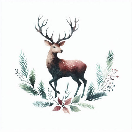 Watercolor Christmas illustration of a red deer on a white background.の素材