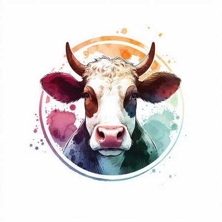 Watercolor cow portrait. Hand drawn vector illustration on white background.の素材