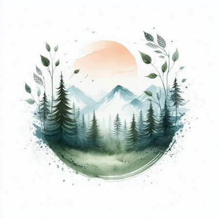 Watercolor landscape with forest and mountains. Hand drawn illustration on white backgroundの素材