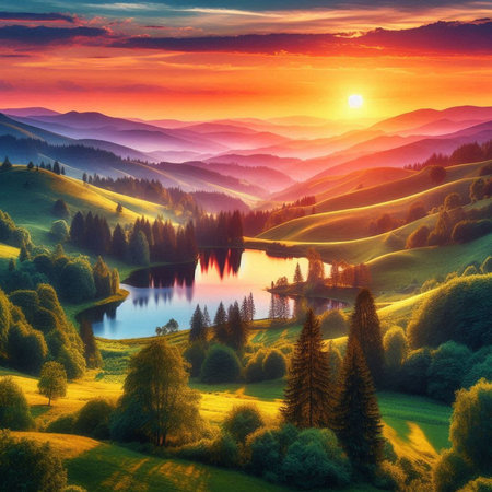 Colorful summer sunrise in the mountains. Composition of nature.の素材