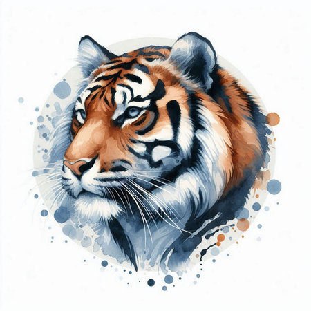 Watercolor tiger portrait. Hand drawn illustration isolated on white background.の素材