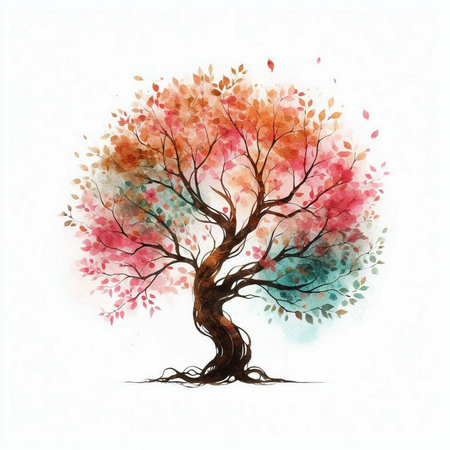 Watercolor tree with autumn leaves, hand drawn illustration on white backgroundの素材
