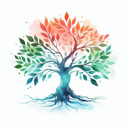 Watercolor tree with leaves and roots on white background. Vector illustration.の素材
