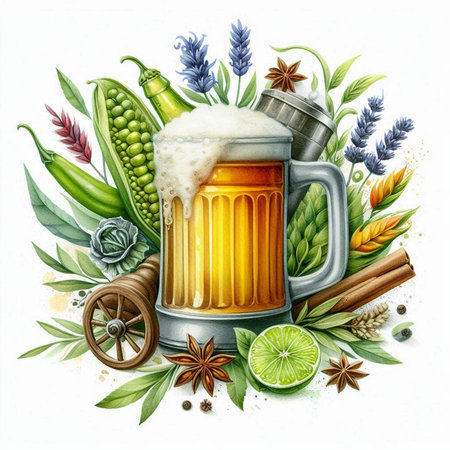 Watercolor illustration of a glass of beer with herbs and spices.の素材