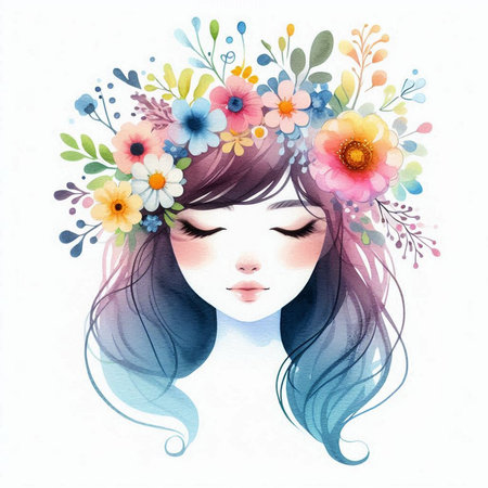 Beautiful girl with floral wreath on her head. Watercolor illustration.の素材