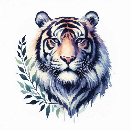 Watercolor tiger head isolated on white background. Hand drawn illustration.の素材