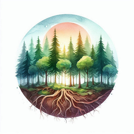 Watercolor illustration of a coniferous forest in the form of a circleの素材