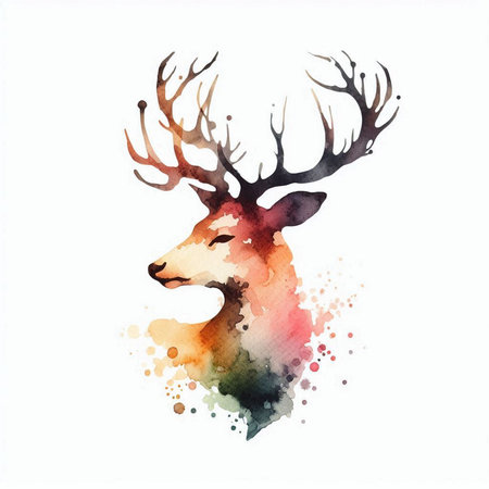 Watercolor deer head isolated on white background. Hand drawn illustration.の素材