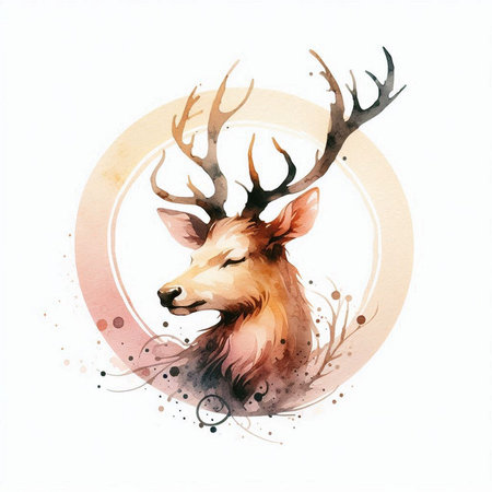 Watercolor illustration of a deer head with antlers on a white backgroundの素材