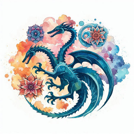 Watercolor illustration of a dragon with flowers in a circle on a white backgroundの素材