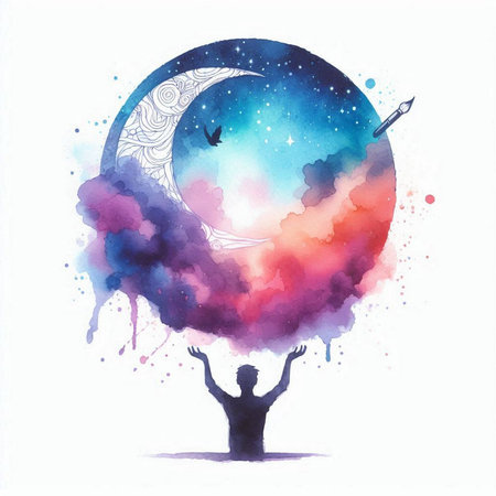 Crescent moon and man in yoga pose. Hand drawn watercolor illustrationの素材