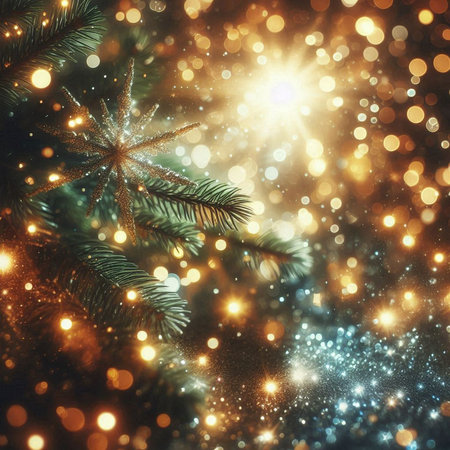 Christmas background with snowflakes, bokeh lights and fir tree branchesの素材