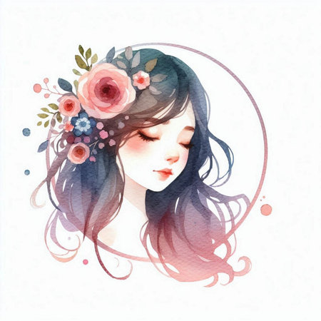 Beautiful girl with flowers in her hair. Watercolor illustration.の素材