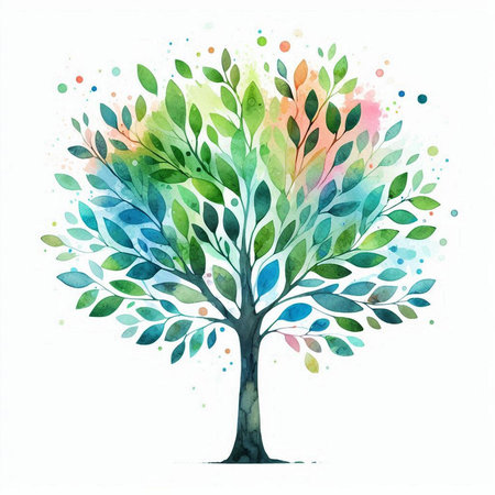 Watercolor tree with colorful leaves on white background. Vector illustration.の素材