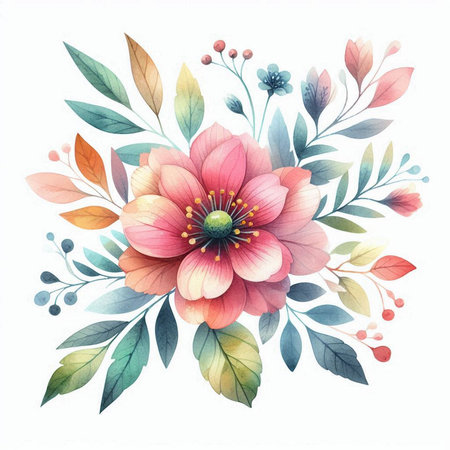 Watercolor floral bouquet isolated on white background. Hand-drawn illustration.の素材