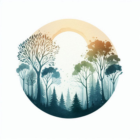 Watercolor landscape with forest and sun. Hand drawn vector illustration.の素材