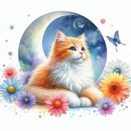 Cute cat with flowers on a background of the moon and starsの素材