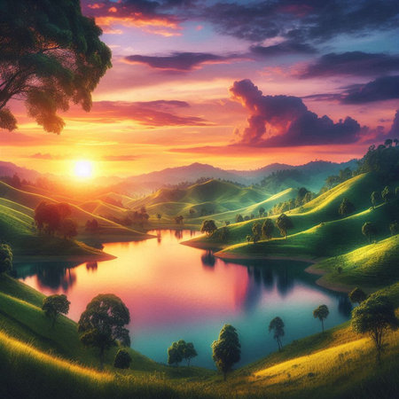 Beautiful sunset over the lake in the mountains. Digital painting.の素材