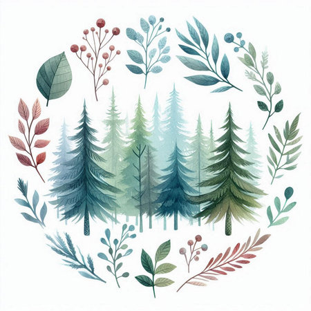 Watercolor forest set. Hand drawn vector illustration. Forest elements.の素材