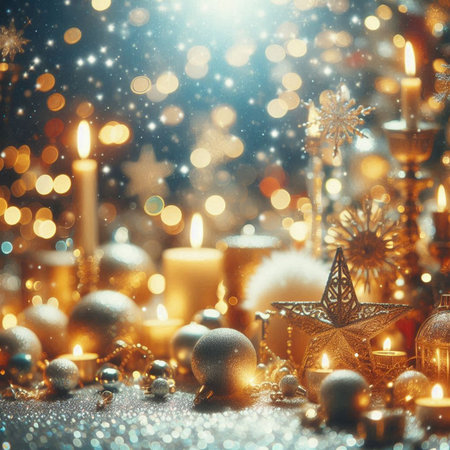 Christmas background with candles, snowflakes and decorations on bokehの素材