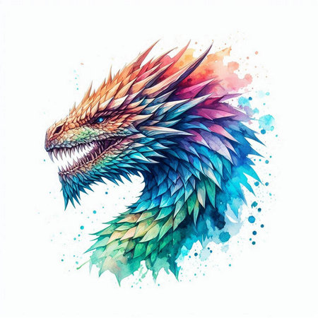 Colorful dragon head with watercolor splashes. Vector illustration.の素材