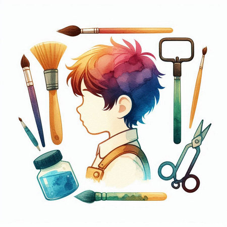 Watercolor illustration of a boy with a set of tools for drawingの素材