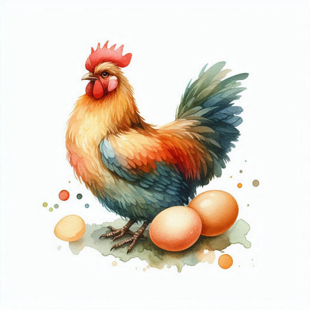 Illustration of a rooster with eggs on a white background.の素材