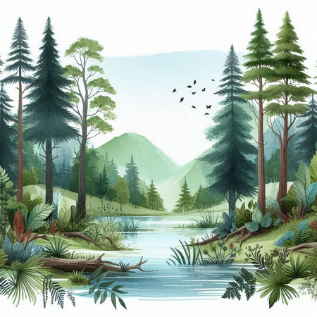 Watercolor landscape with river and forest. Hand drawn illustration, isolated on white backgroundの素材