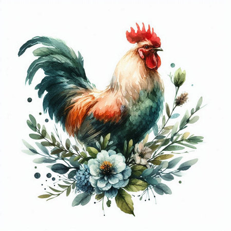 Watercolor rooster with flowers. Hand painted illustration on white backgroundの素材