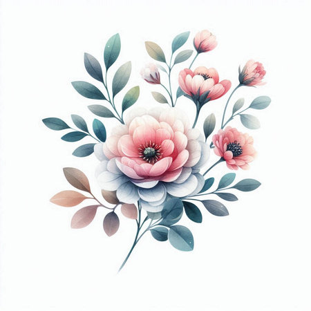 Watercolor floral bouquet on white background. Hand-drawn illustration.の素材