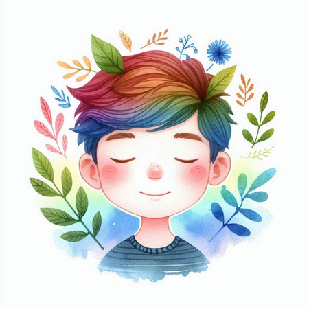 Beautiful watercolor portrait of a boy with rainbow hair. Vector illustration.の素材