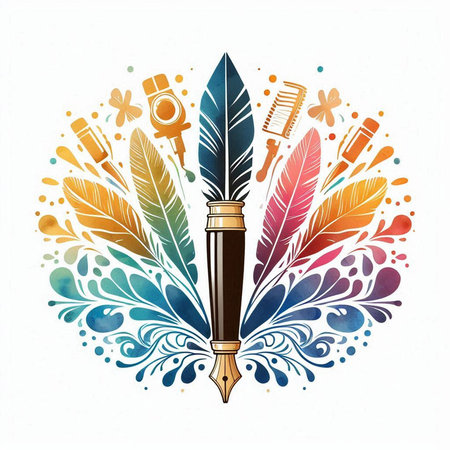 Fountain pen with feathers and other decorative elements. Vector illustration.の素材