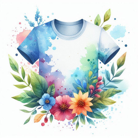 Watercolor floral summer t-shirt with flowers, leaves and blotsの素材