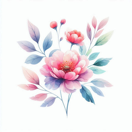 Watercolor peony flowers with leaves isolated on white background. Hand drawn illustration.の素材