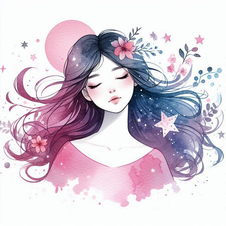 Beautiful girl with long hair and stars. Watercolor illustration.の素材